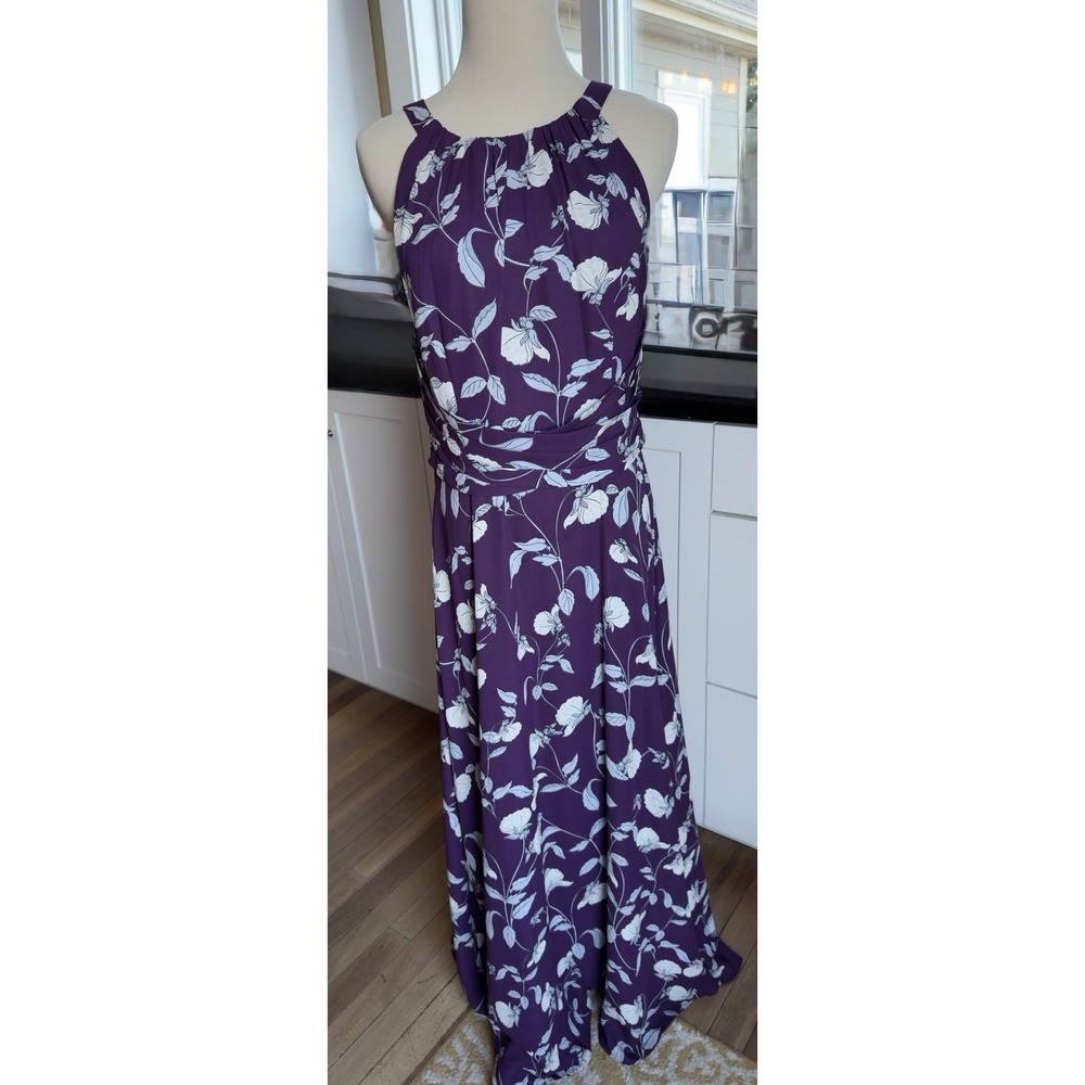 Adrianna Papell‎ Floral Print Chiffon Maxi Halter Dress Cumberbund-style Sz 10